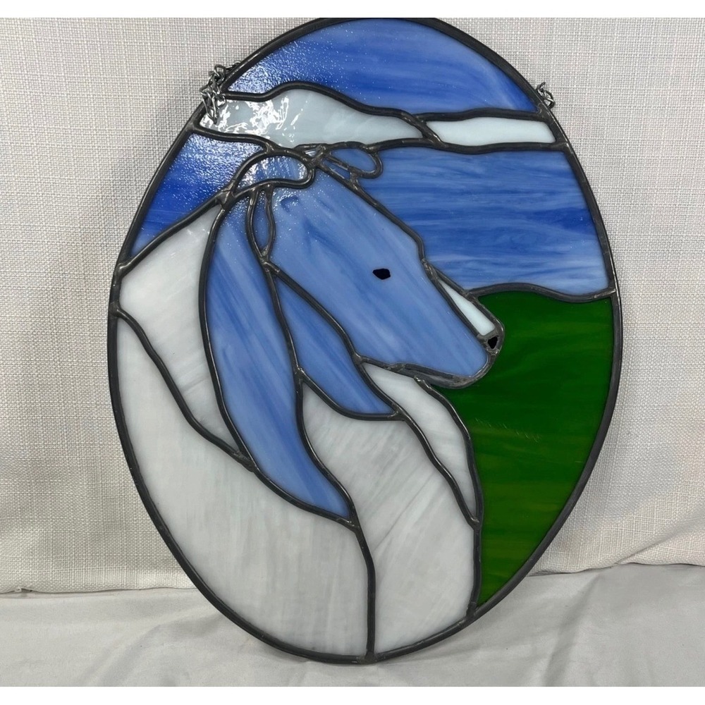 Stained Glass Borzoi Dog Suncatcher Blue White Oval Window Hanging